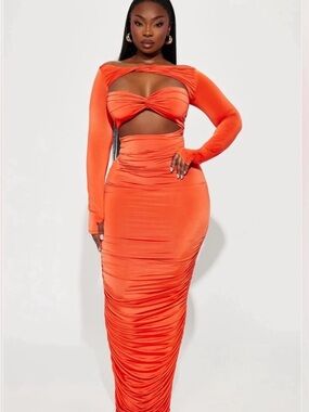 Fashion Nova Kristal Orange Cutout Ruched Long Sleeve Maxi